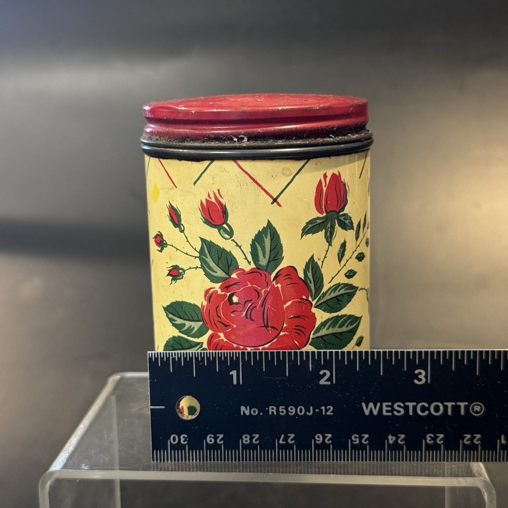 Vintage 40s Tin Pepper Shaker Single Red Rose Lithograph Red Lid Slight Rust - Picture 9 of 9